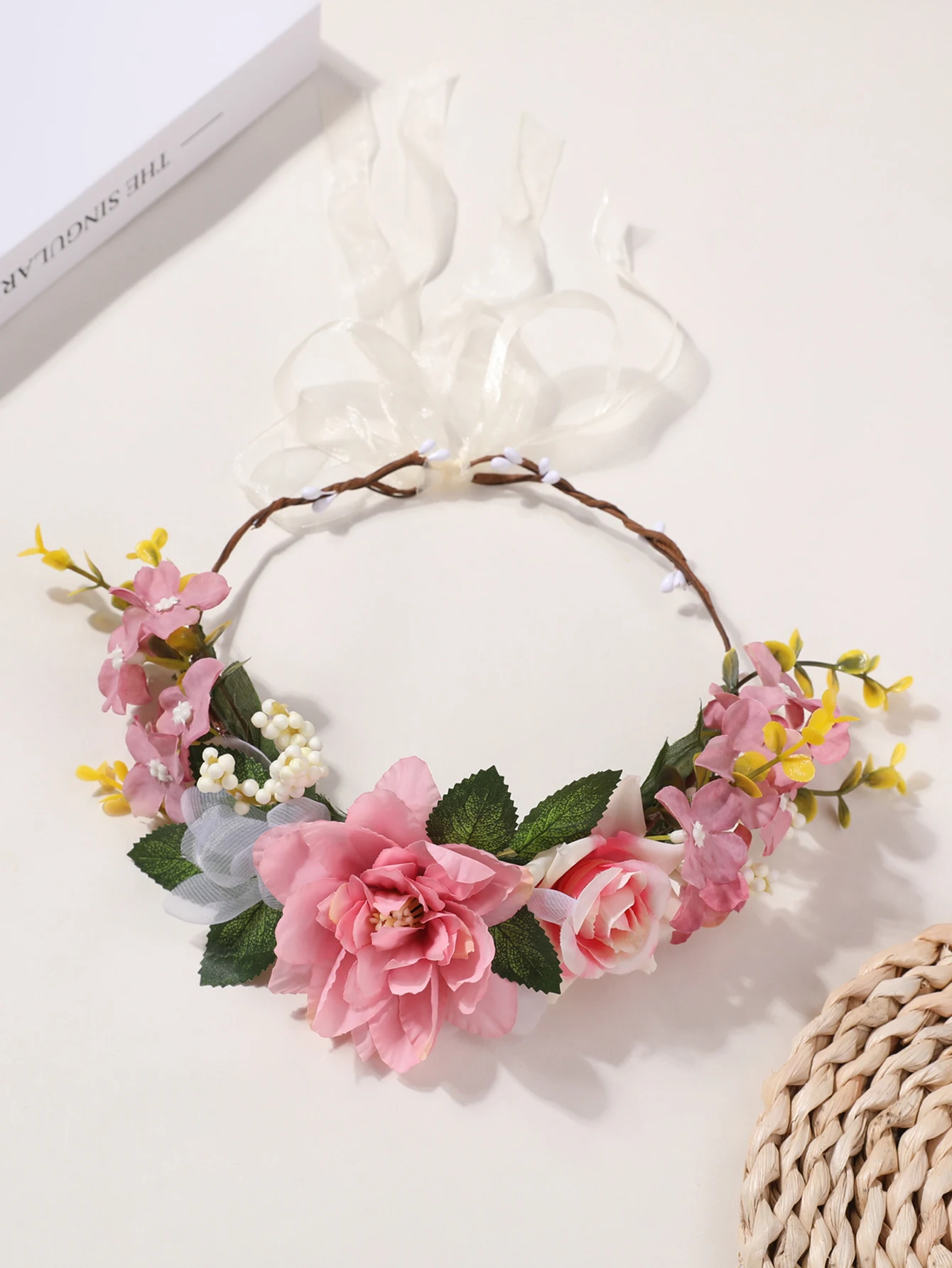 Pink white flower wreath hair hoop fairy aura headwear retro forest style flower wreath headwear accessories