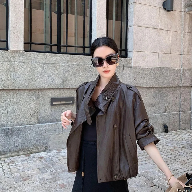 미국 빈티지 PU 가죽 재킷 여성 텍스처드 루즈 캐주얼 크롭 코트 프리미엄 봄 가을 스탠드 칼라 스트리트 아우터웨어