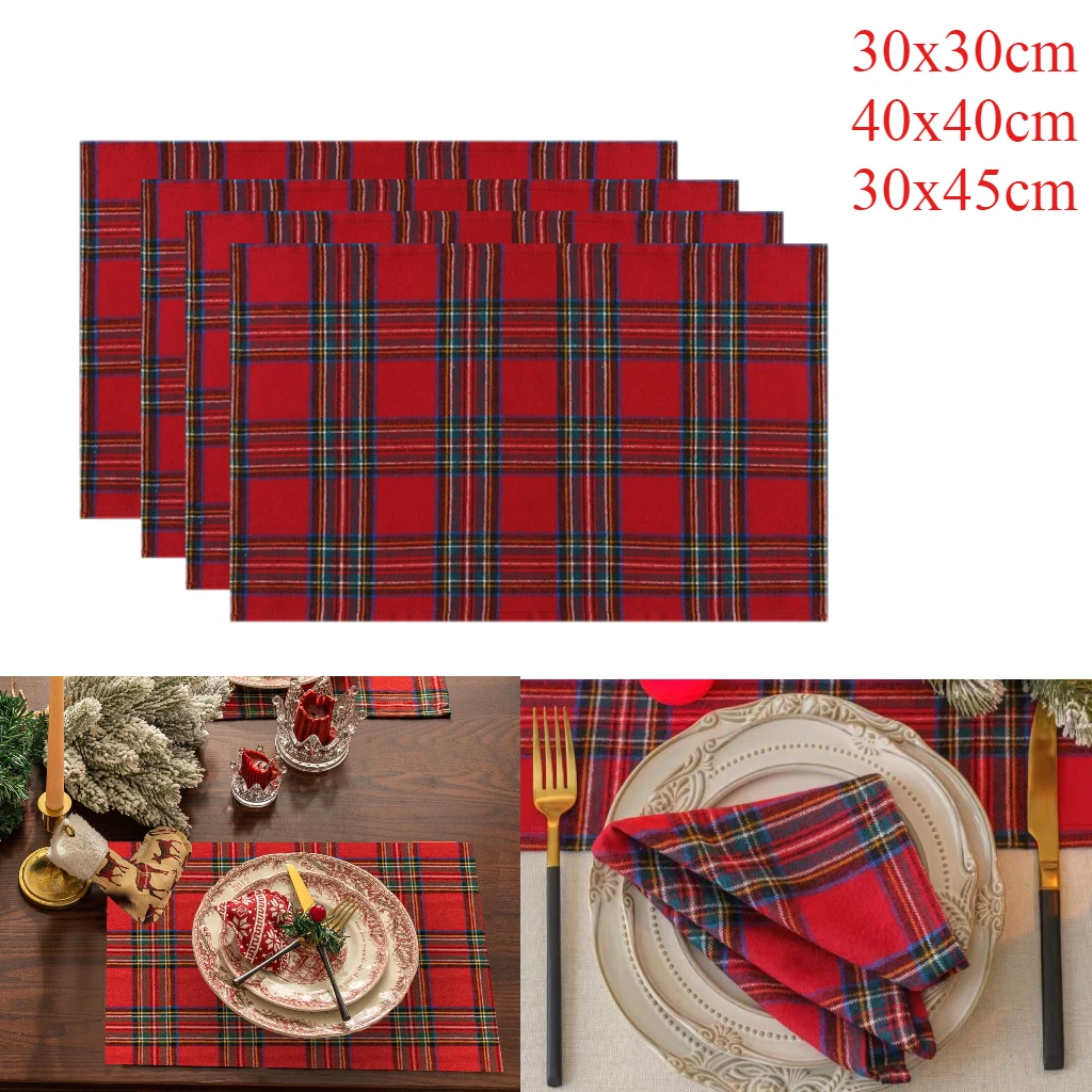 4pcs Table Napkin Christmas Placemats Red Soft Scottish Tartan Plaid Cloth Napkins Decorative Kitchen Festive Home Table Decor