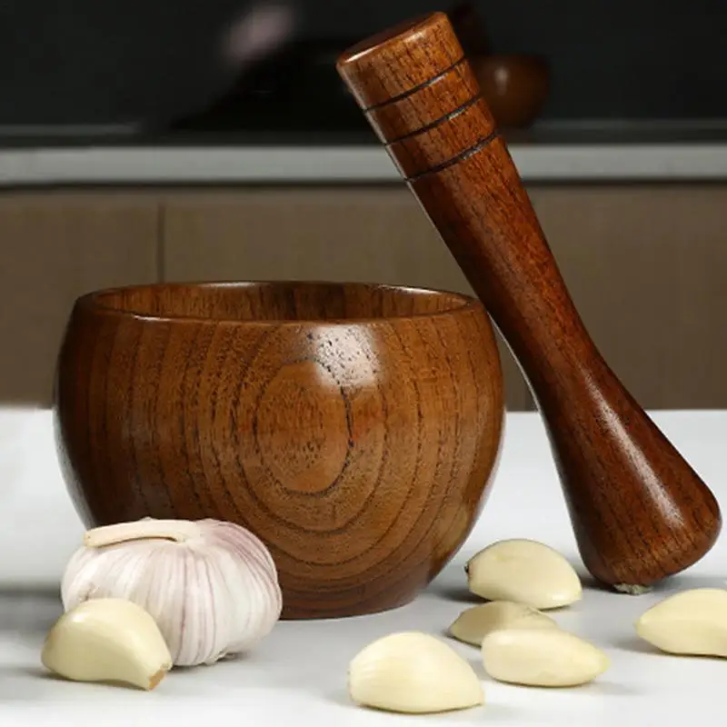 Natural Handcrafted Bamboo Bowl Flat-Bottomed Can And Garlic Stick Pounded Garlic Jar Wooden Grinde