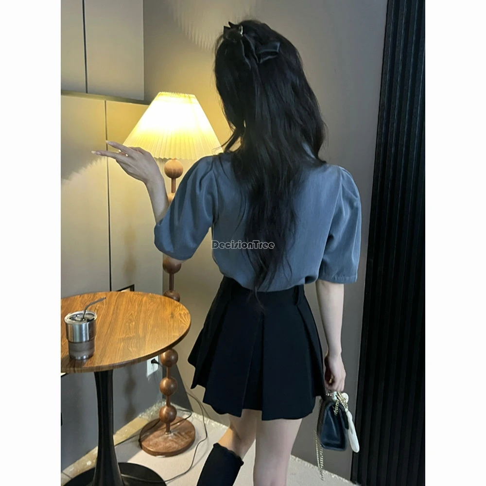 طوق بولو بأكمام قصيرة مع ربطة عنق للنساء ، نمط Preppy ، بدلة JK W743 ، توب بأكمام منتفخة غير رسمية ، فضفاض وبسيط ،