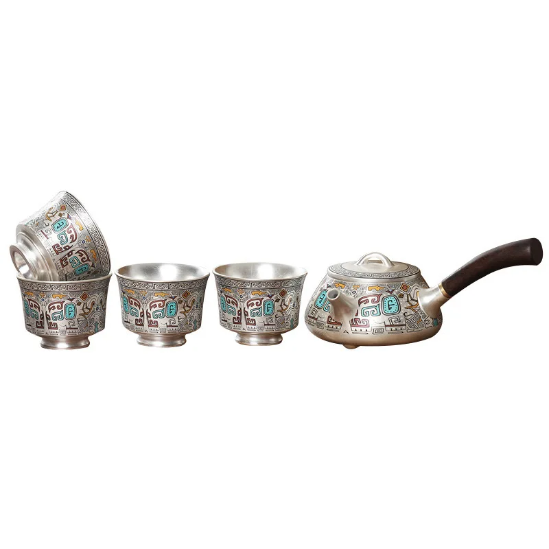 999 Pure Silver Liner Enamel Gongfu Tea Set, 1 Pot 4 Cups, Taotie Pattern Side-handle Teapot, Luxury Collectible Chinese Tea Set view 5