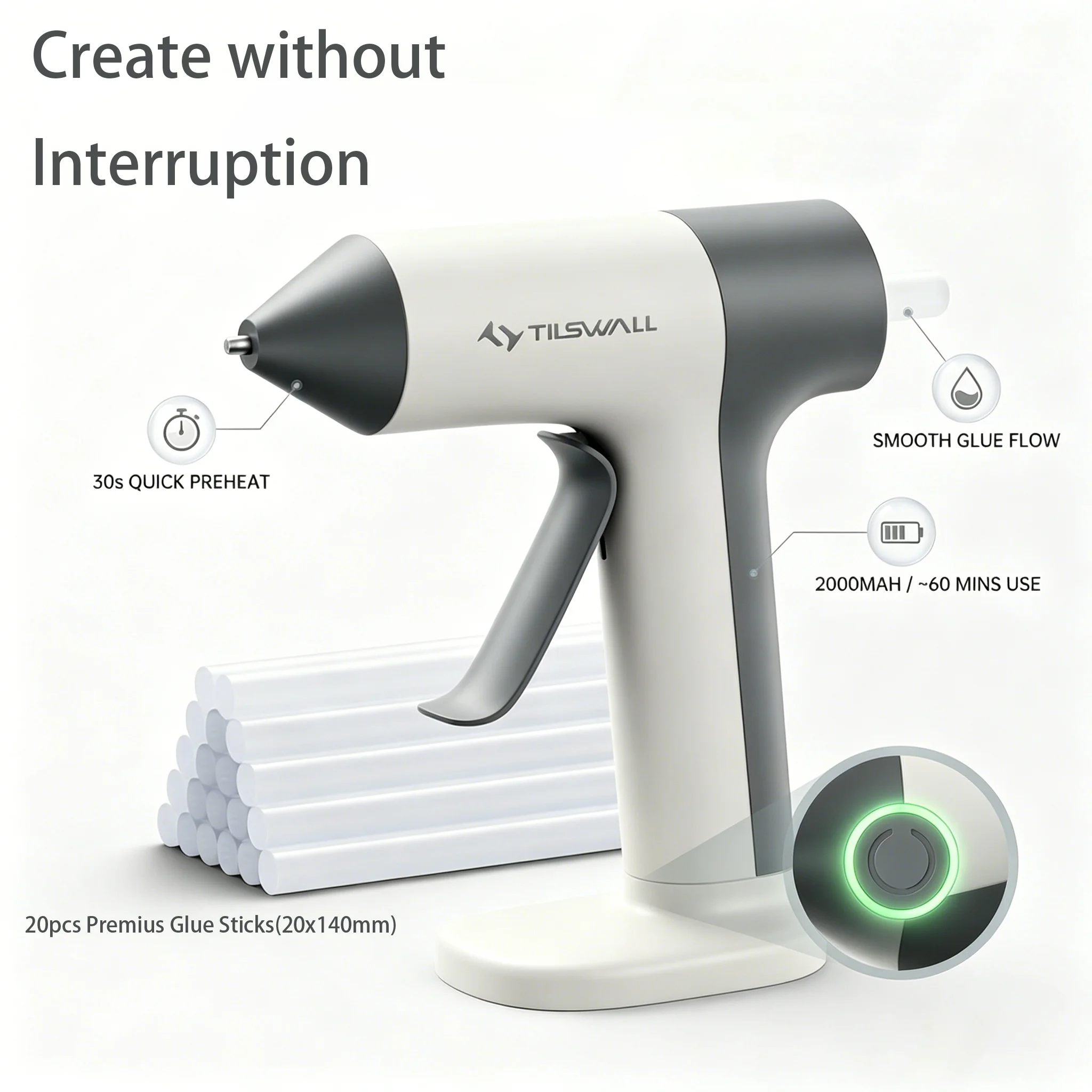 Cordless Glue Gun 30s Fast Heating Electric Hot Melt Glue Gun With 20pcs 7x140mm Glue Sticks 2000mAh Type-C Rechargeable Hot Melt Glue Gun 1.7mm Precision Nozzle For DIY Craft Home Repair Quick Repairs