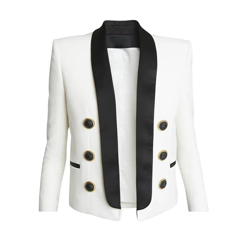 Qualidade outono inverno moda duplo breasted preto branco entalhado terno casaco feminino blazer senhora do escritório