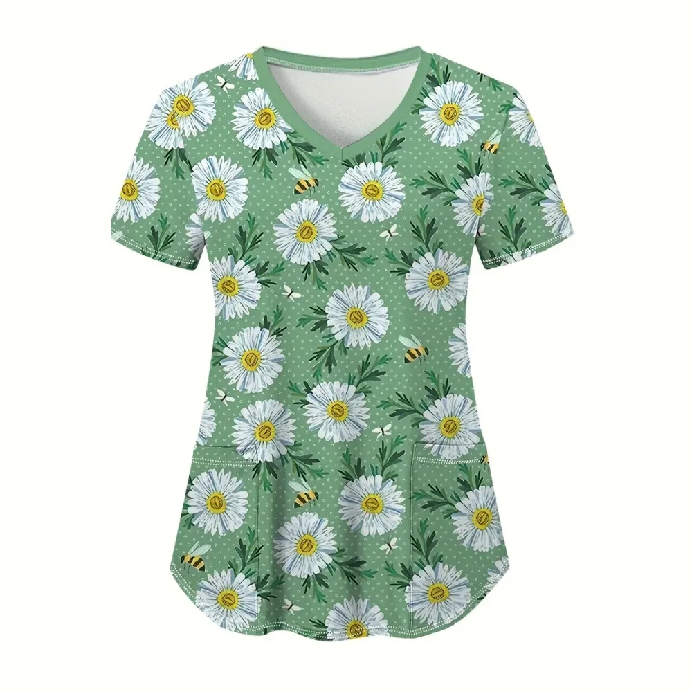 Moda floral impressão uniformes cirúrgicos mulher microelástica com decote em v uniforme clínico dental verão manga curta topos feminino esfrega