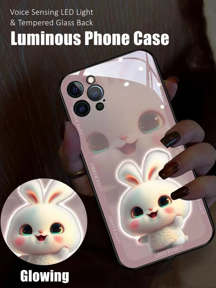 

Cute Bunny LED Light Glowing Luminous Tempered Glass Back Phone Case for OPPO Reno 4 5 6 7 8 9 Find X5 Realme X50 Pro Plus SE