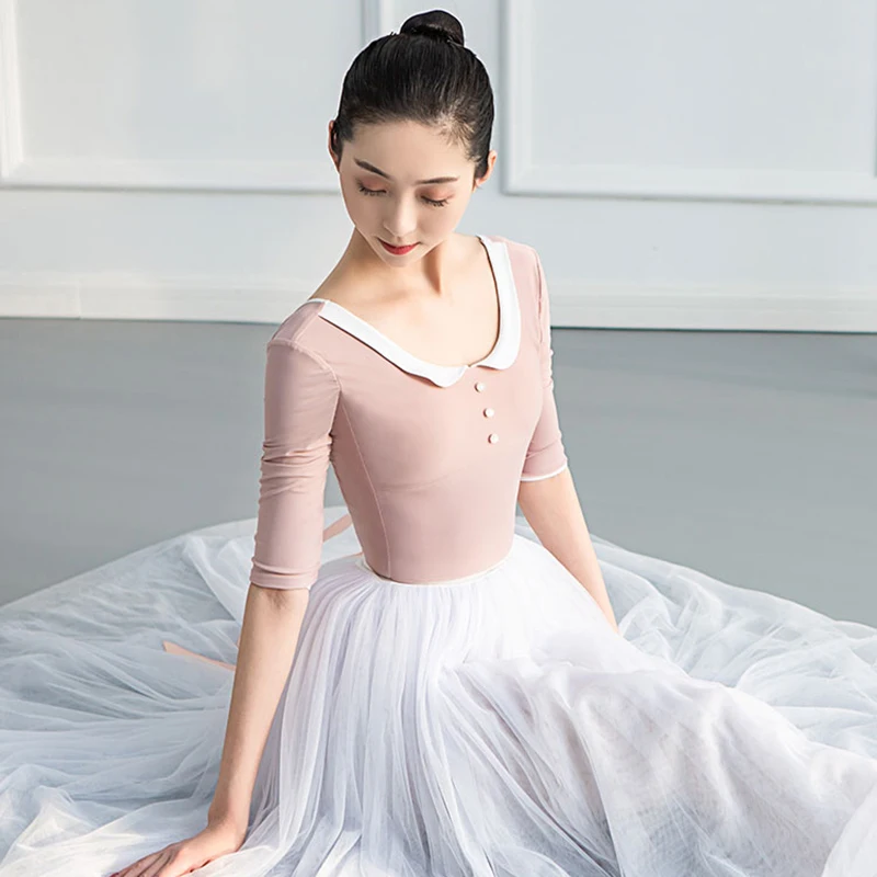 Doll Collar Middle Sleeve Basic Training Leotard+Skirt Set Col Claudine Freshing Lady Daily Practice Ballet Dance Leotards