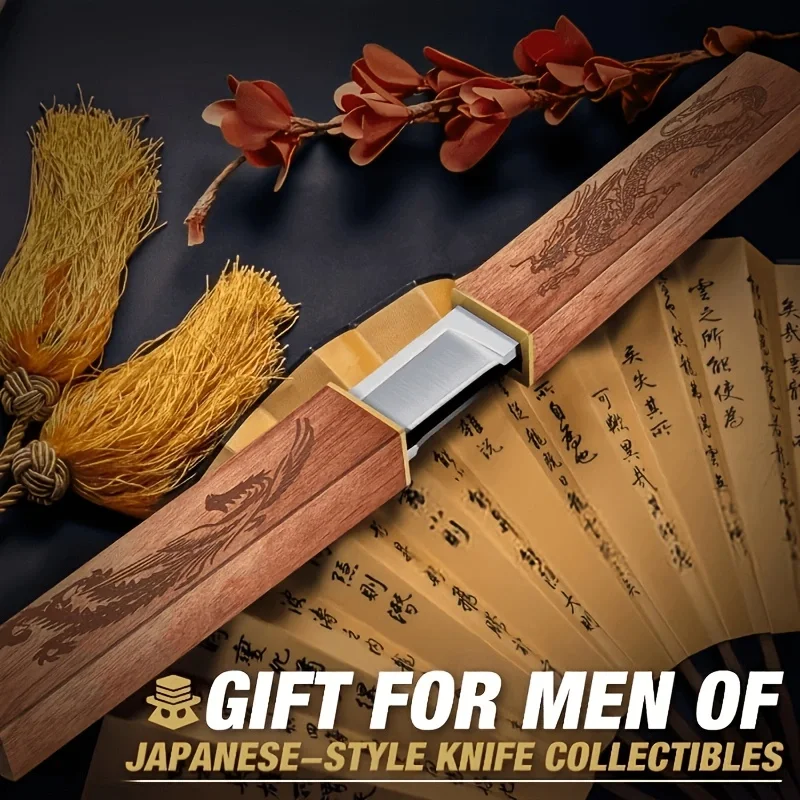 1PC 2-in-1 Japanese Style Fixed Blade Knife, Wooden Handle with Dragon&Phoenix Totem, for Camping,Cutting&Food Prep,Collectible