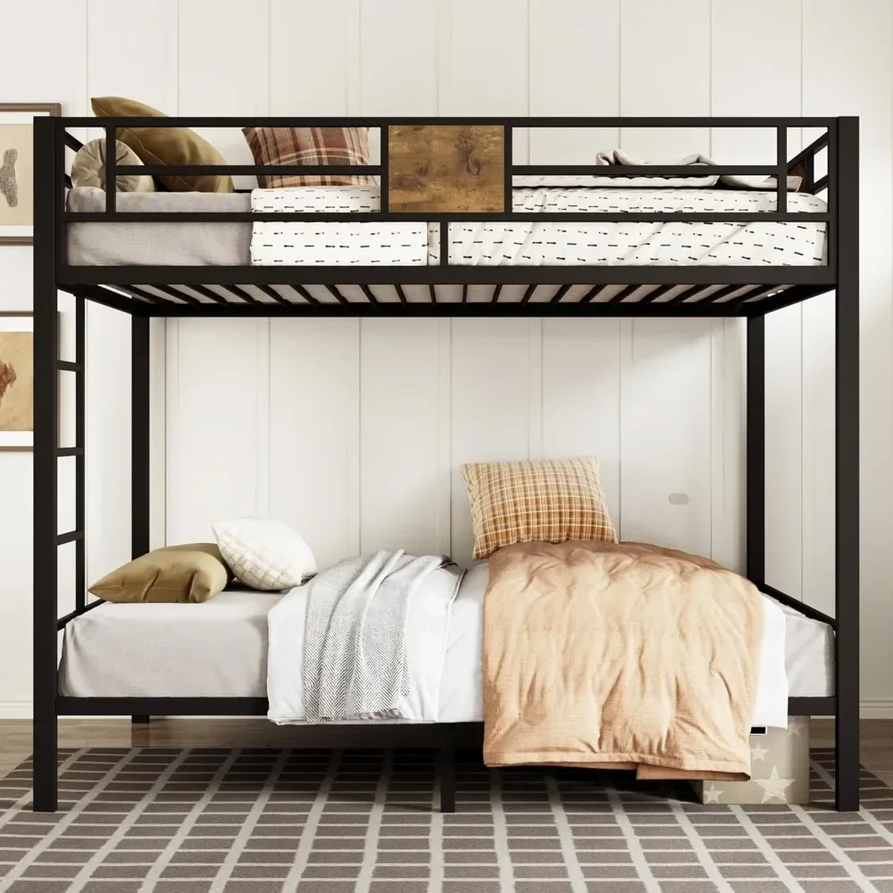 Twin Over Twin Bunk Bed with Rustic Wooden Accents, Sturdy Metal Frame, Space-Saving Design, Noise-Free, Black，bunk Bed Frame