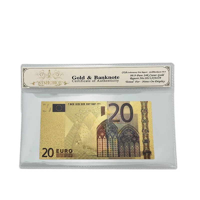 Wholesale Color Euro Banknotes 20 Euro Banknote in 24k Gold Plated With Plastic COA Frame For Gifts and Collection