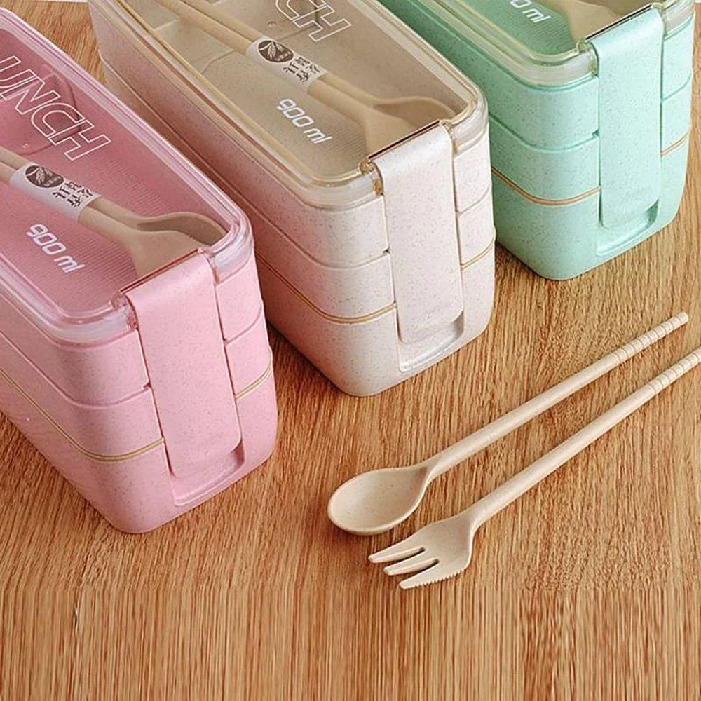 1pc 900ML Wheat Straw Lunch Box With Dinnerware, 3-layers Detachable Microwavable Hermetic Bento Box For Adults School Office