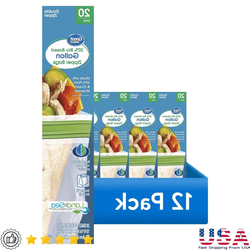 

12 Pack Reclosable Gallon Bags Bio-Based Materials Eco-Friendly Food Storage Double Zipper Closure Snap Click Freshness