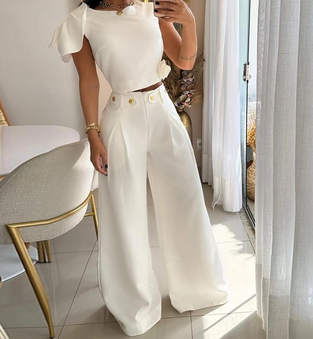 Two Piece Set Women Outfit Summer Fashion One Shoulder Petal Sleeve Solid Round Neck Top & Casual High Waist Wide Leg Pants Set