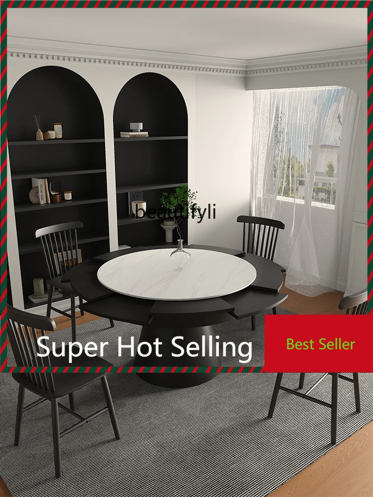 

G1218 G1218 Italian Modern Style Stone Plate Turntable Solid Wood round Table Rotating Retractable Reducing Dining Table