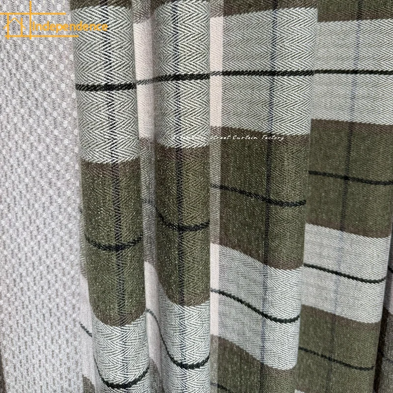 American Olive Green Grid Thickened Cotton Linen Curtains for Bedroom Living Room French Window Customized Finished Products