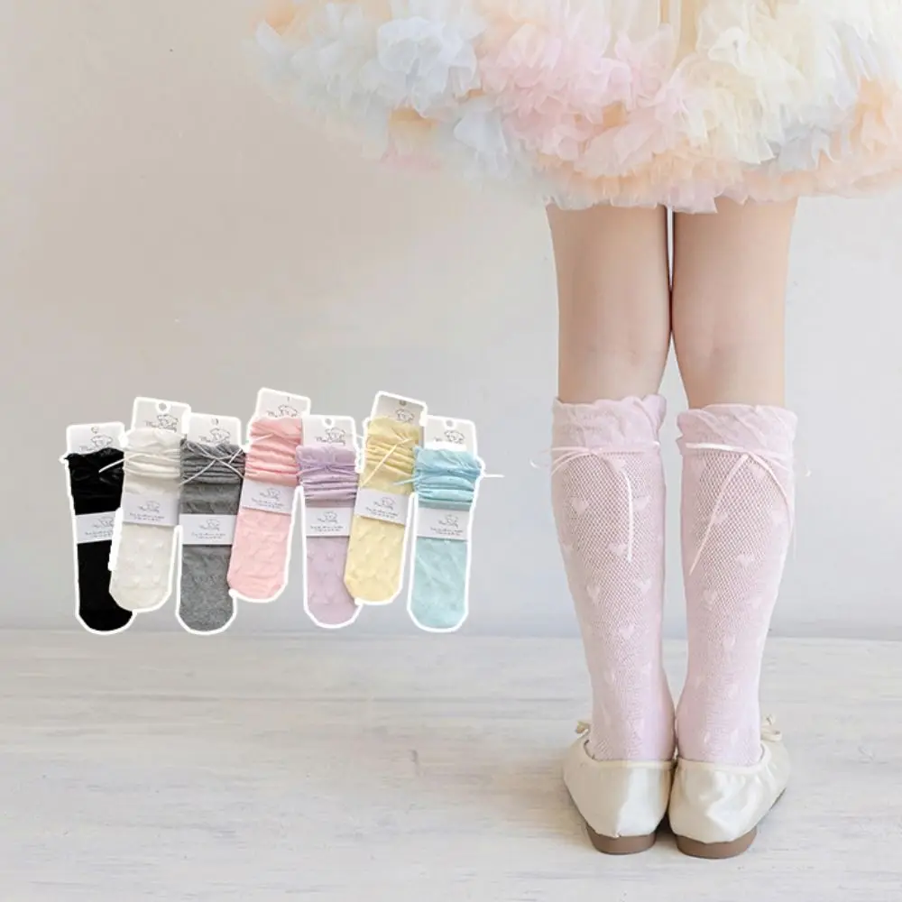 

Comfortable Sweet Children Mid-Tube Hosiery Princess Thin Lolita Lace Stockings Ribbon Bow Cotton Balletcore Socks Kids