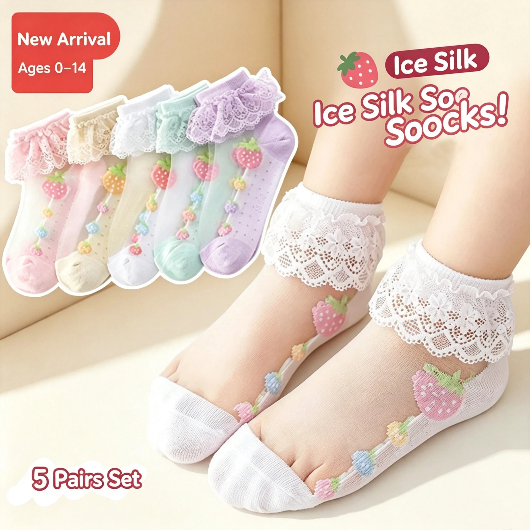 5 Pairs Kids Girls Ice Silk Socks Summer Strawberry Cartoon Lace Ruffle Frilly Ankle Socks Transparent Breathable Princess Socks