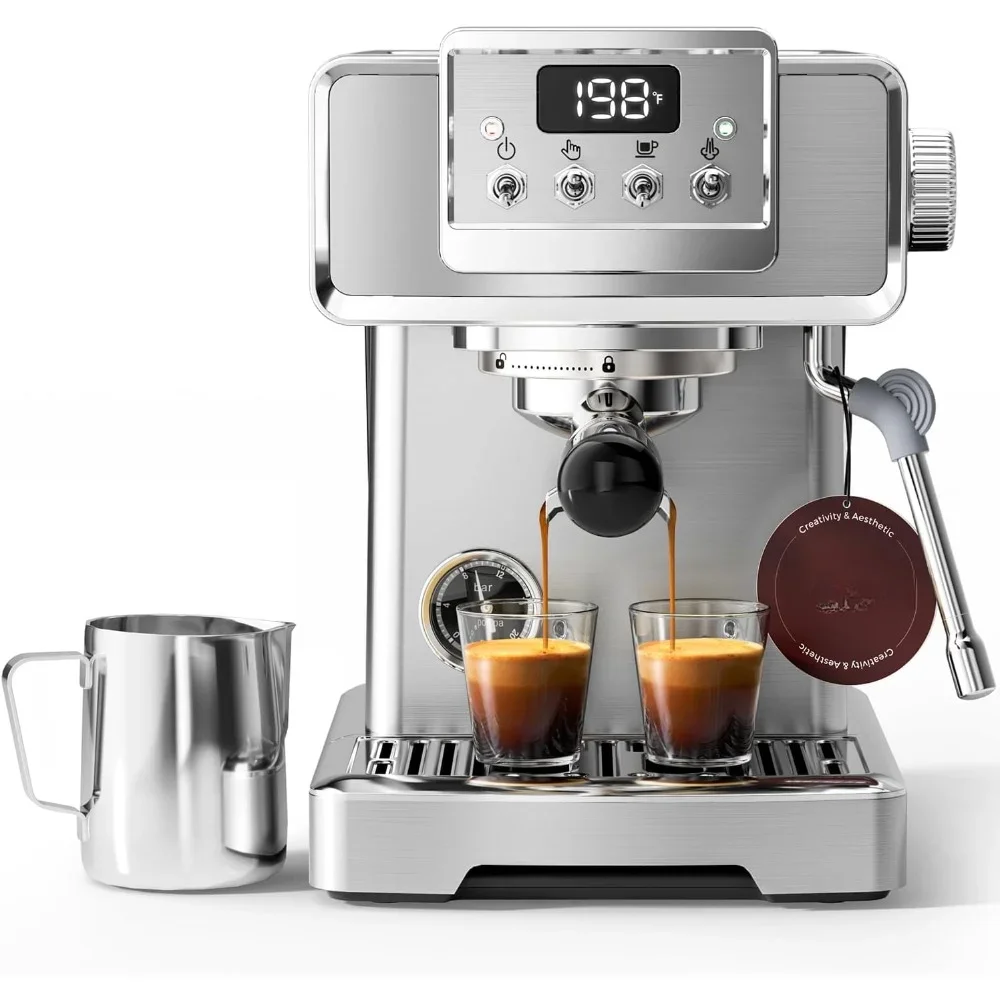 Coffee Maker with 15 Bar LCD Display, 60oz Water Tank & Milk Frother, Maker Manual & Auto Mode, Espresso Coffee Machine