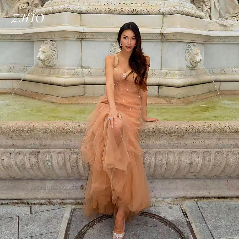 

ZHIO Exquisite Beads Evening Dress Sweetheart Spaghetti Straps Draped Champagne Tulle Saudi Arabic Woman Celebration Gown Custom