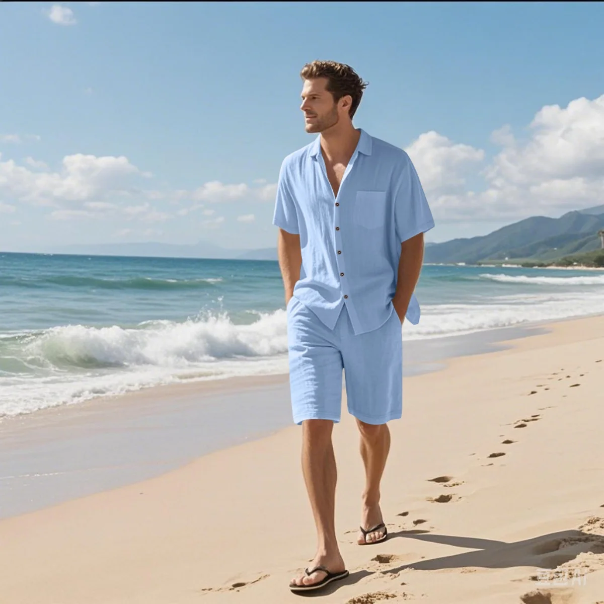 New summer men's retro cotton and linen shirt set, fashionable lapel button beach short-sleeved shirt and shorts two-piece set