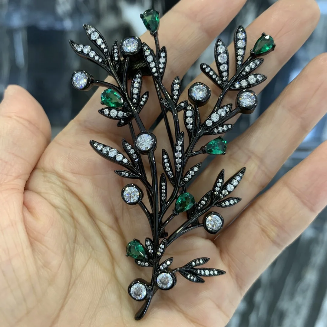 MIYI leaf brooch copper with cubic zircon double pin vintage black and green color fashion women jewelry high quality