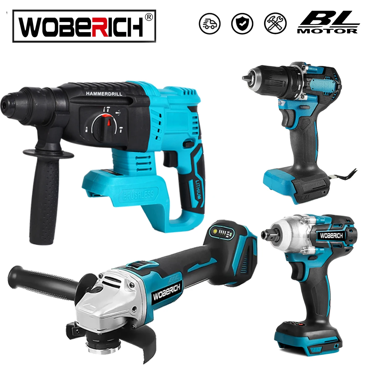 WOBERICH Brushless Electric Drill Impact Wrench Angle Grinder Electric Hammer Drill （NO battery）Combo Kit For Makita 18V Battery