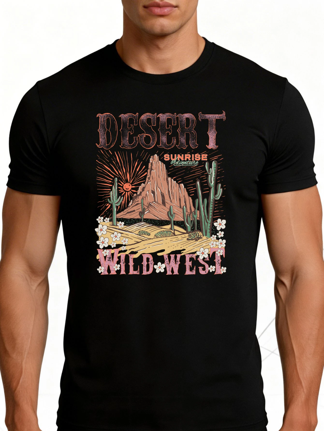 Men's Graphic T-Shirt - Breathable, Soft, Lightweight - Desert Sunrise Western Cactus Mountains - Vintage Fun Graphic Casual Short Sleeve Summer Top, Gift for Him