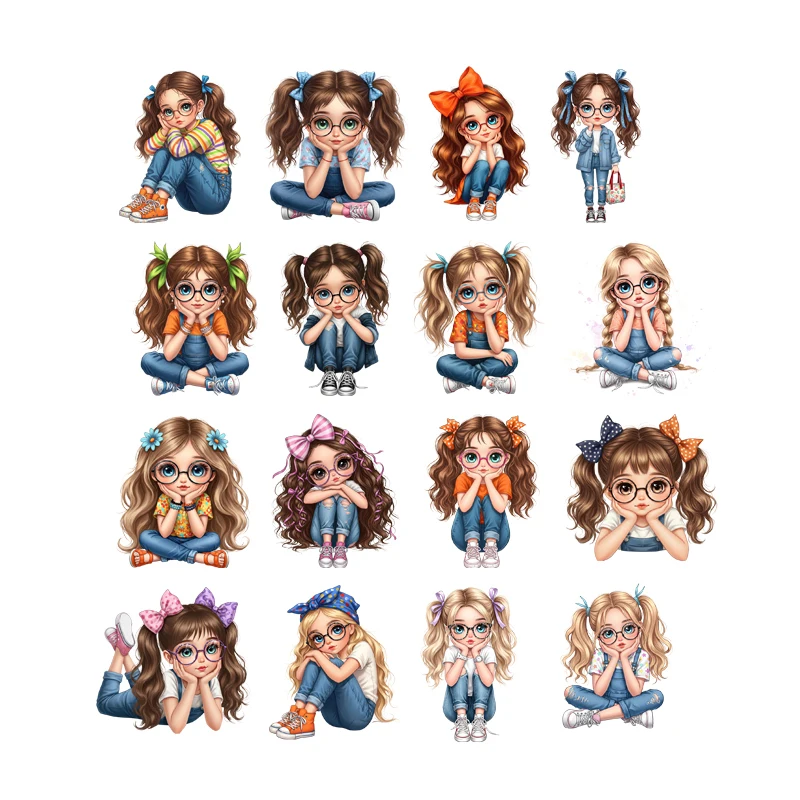 Cartoon big eye girl who thinks seriously Lady Heat Transfer Patches For Clothing DIY Washable T-shirts Iron-on Thermal Sticker
