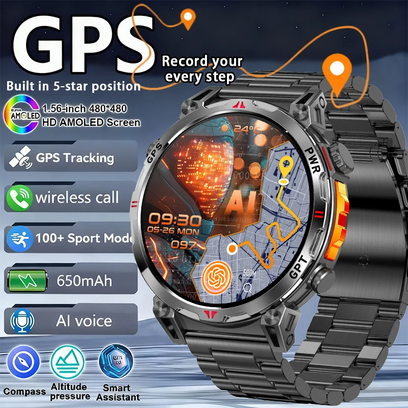 

A New Outdoor GPS GPT Compass Smart Watch 3ATM Waterproof Fitness Track Heart Rate BT Call Professional Sports 650mAh Smartwatch
