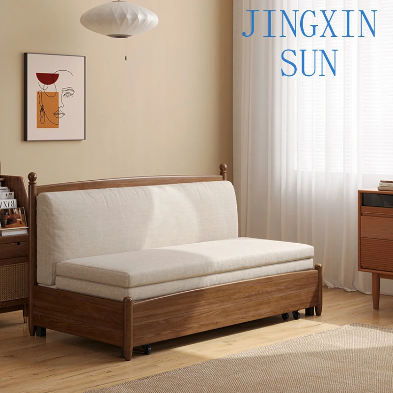 Nordic solid wood sofa bed dual-purpose, small apartment pull-out retractable bed