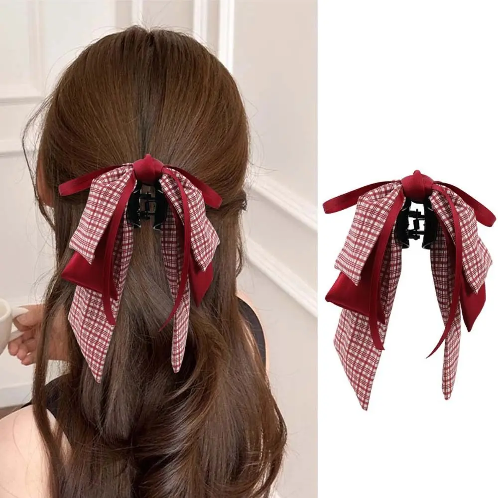 Retro Korean Style Sweet Bow Hair Clip Plaid Red Ponytail Buckle Clip Bow Ponytail Hairpin Princess Hair Claw Kids