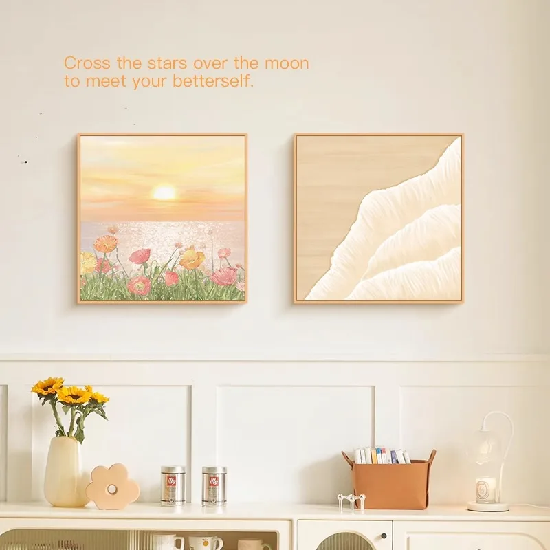 

Flower ins cream wind sunrise sea view mural decoration living room sofa background wall bedroom bedside canvas painting