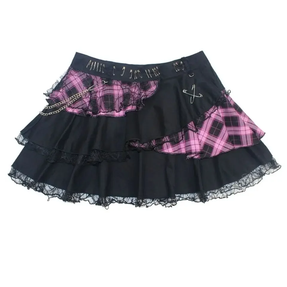 Gothic Women Skirt Patchwork Plaid Versatile Cute Short Skirts Punk Style High Waist MINI Skirt Female