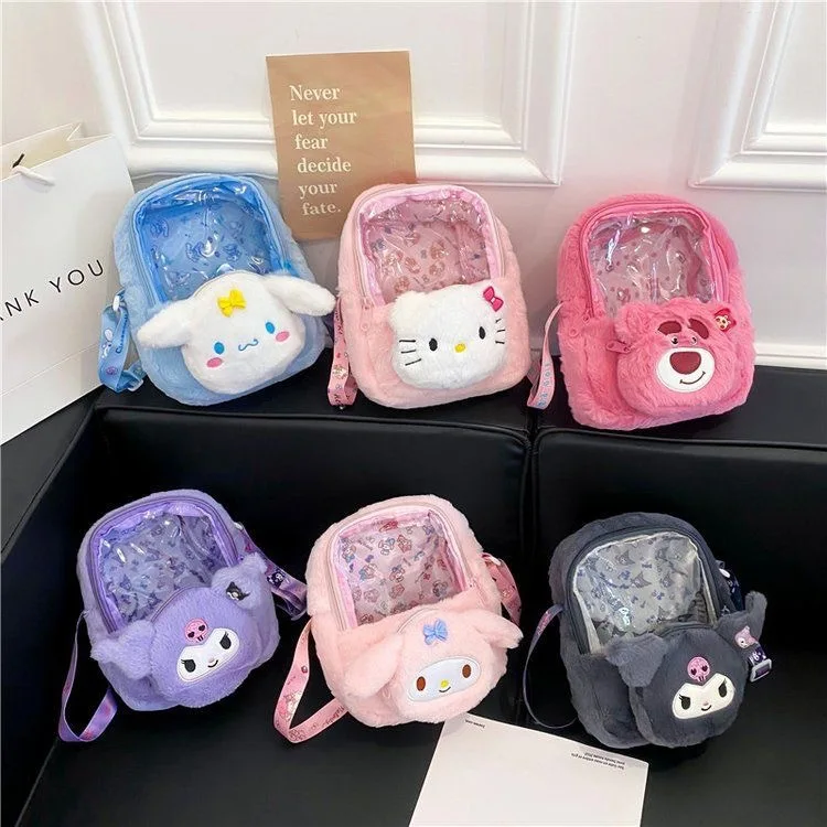 

New Summer Cute Hello Kitty Cartoon Square Bag New Sanrio Plush Bag Sweet Transparent Claw Doll Coin Purse Jewelry Gift