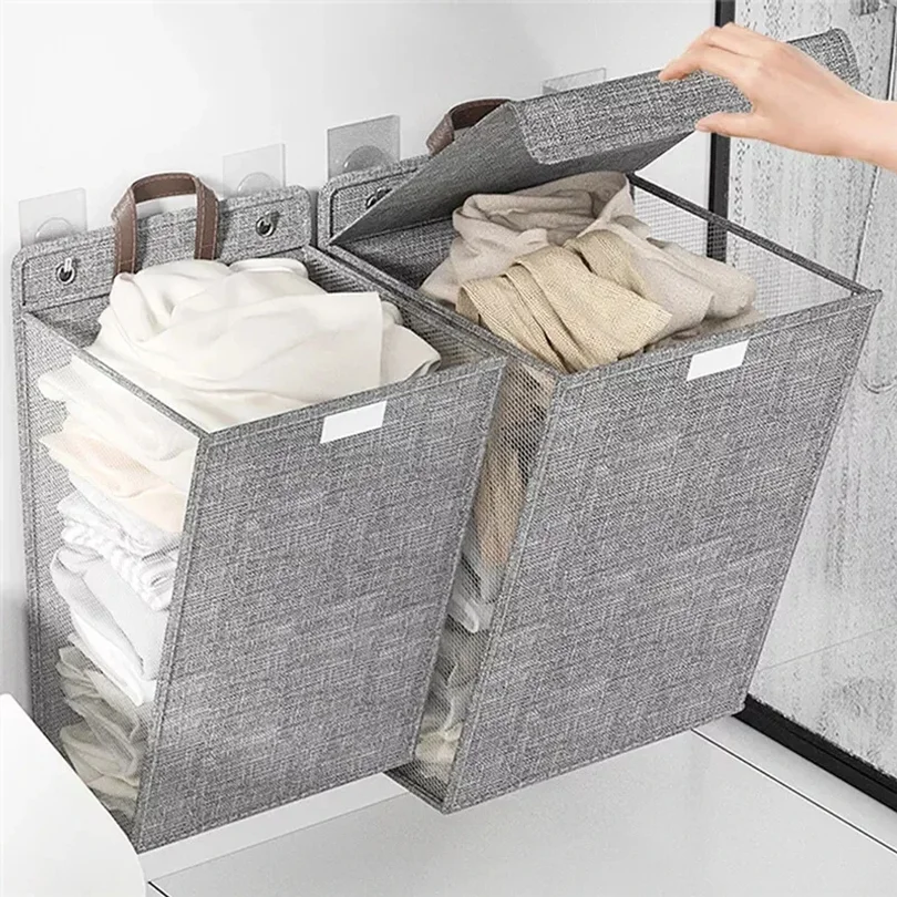 1 Pcs Foldable Adhesive Laundry Basket Hamper Multifunctional Punch Free Wall Hanging Washing Clothes Mesh Hook Organizer - view 2