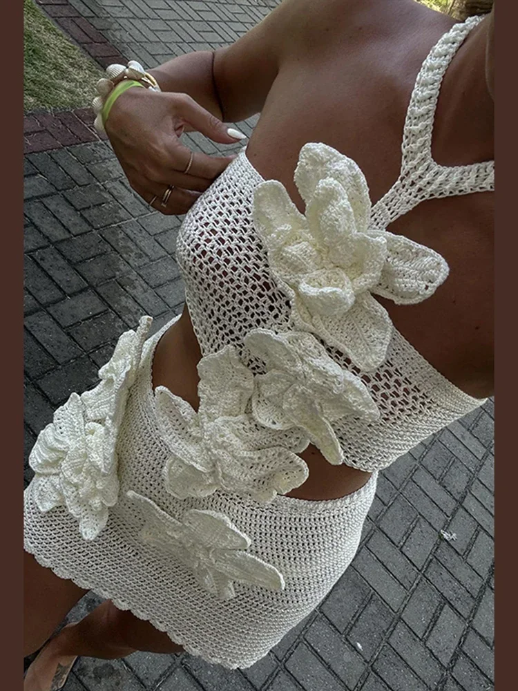 Beach 3D Flower Crochet Hook Short Dress Women Sexy Hollow Out Halter Off Shoulder Backless White Dresses Lady Summer Slim Robes