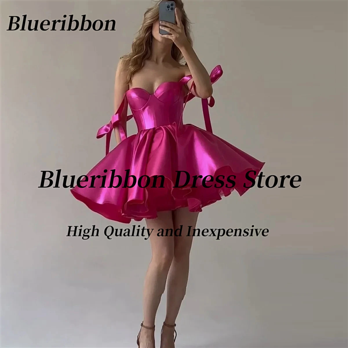 

Blueribbon Fushcia Puffy Homecoming Dresses Spaghetti Sweetheart Graduation Party Gowns Lace Up Sexy Back Short Prom Dress