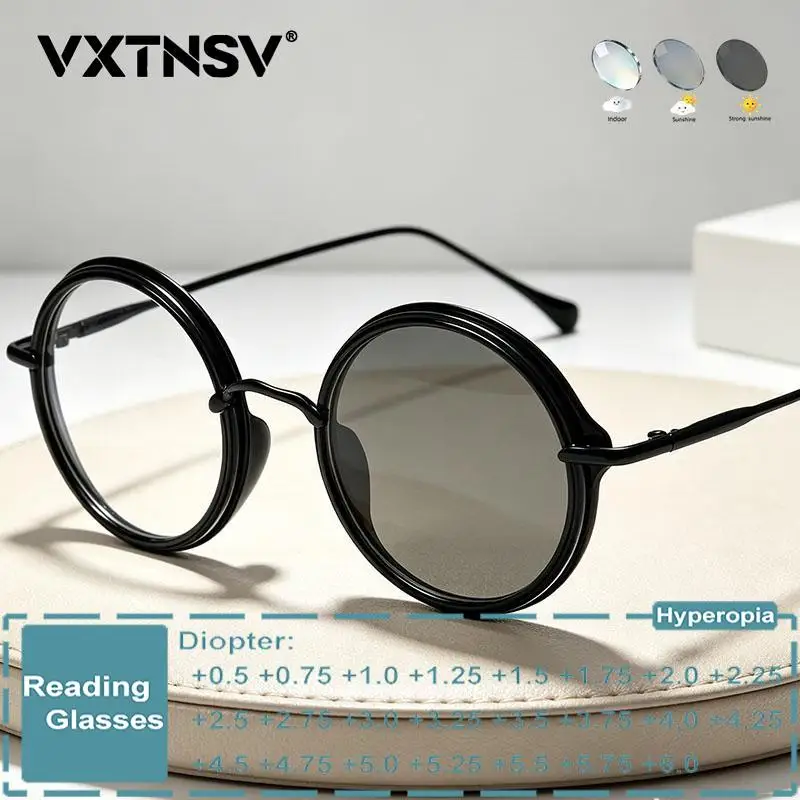 Metal Circular Photochromic Reading Glasses Men Women Discolour Single Focus Presbyopic Eyewear Customize Anti Blue Light Lenses