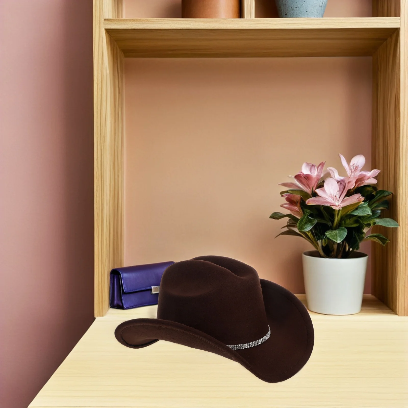 قبعة رعاة البقر الغربية للنساء من حجر الراين ذات حافة واسعة للحفلات - إكسسوار قبعة راعية البقر باللون البني #2