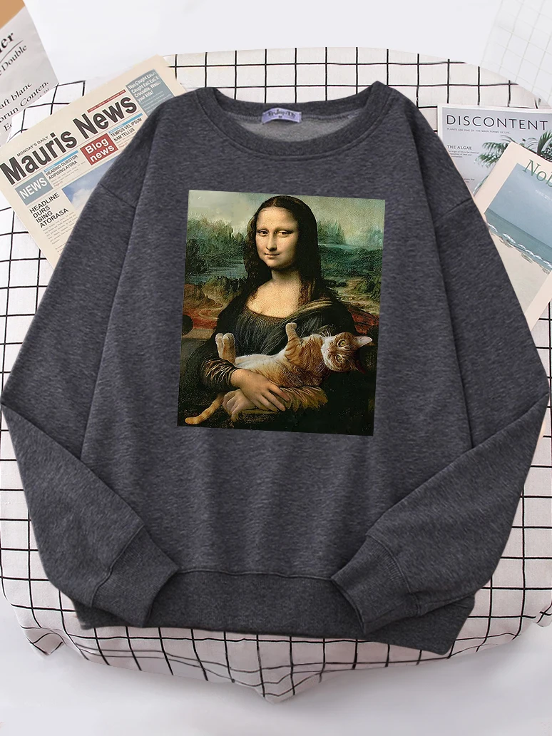 T Shirts Mona Lisa Hugging Cat Kawaii Female Hoodies Fashion Casual Hoodie Oversize Loose Sweatshirts Warm Fleece Clothing Women