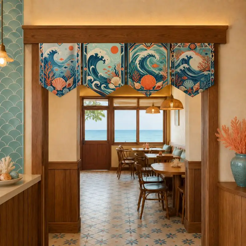 VIKAMA Triangle Flag Door Curtain Ocean Sea Fish Starfish Coral Pennant Banner Door Hanging Chinese Japanese Style Home Decor