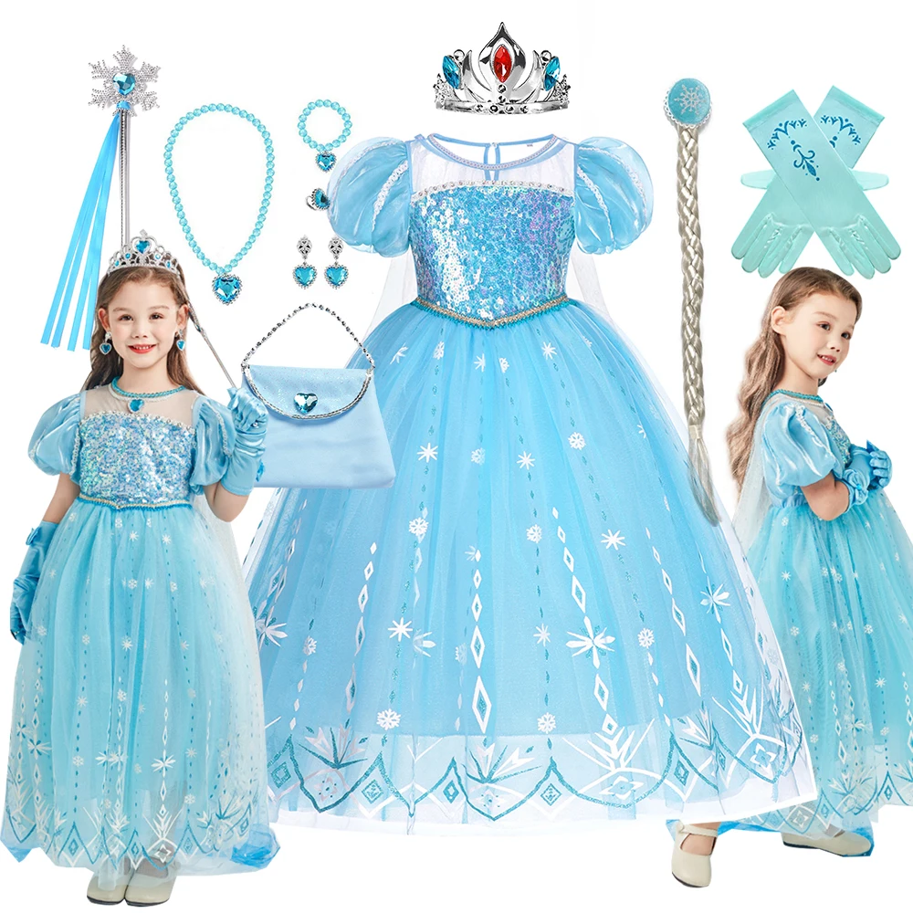 Girl Snow Queen Costume Elsa Dress Kids Sequins Carnival Birthday Party Luxury Ball Gown 2-10Y Children Clothes Puffy Sleeve