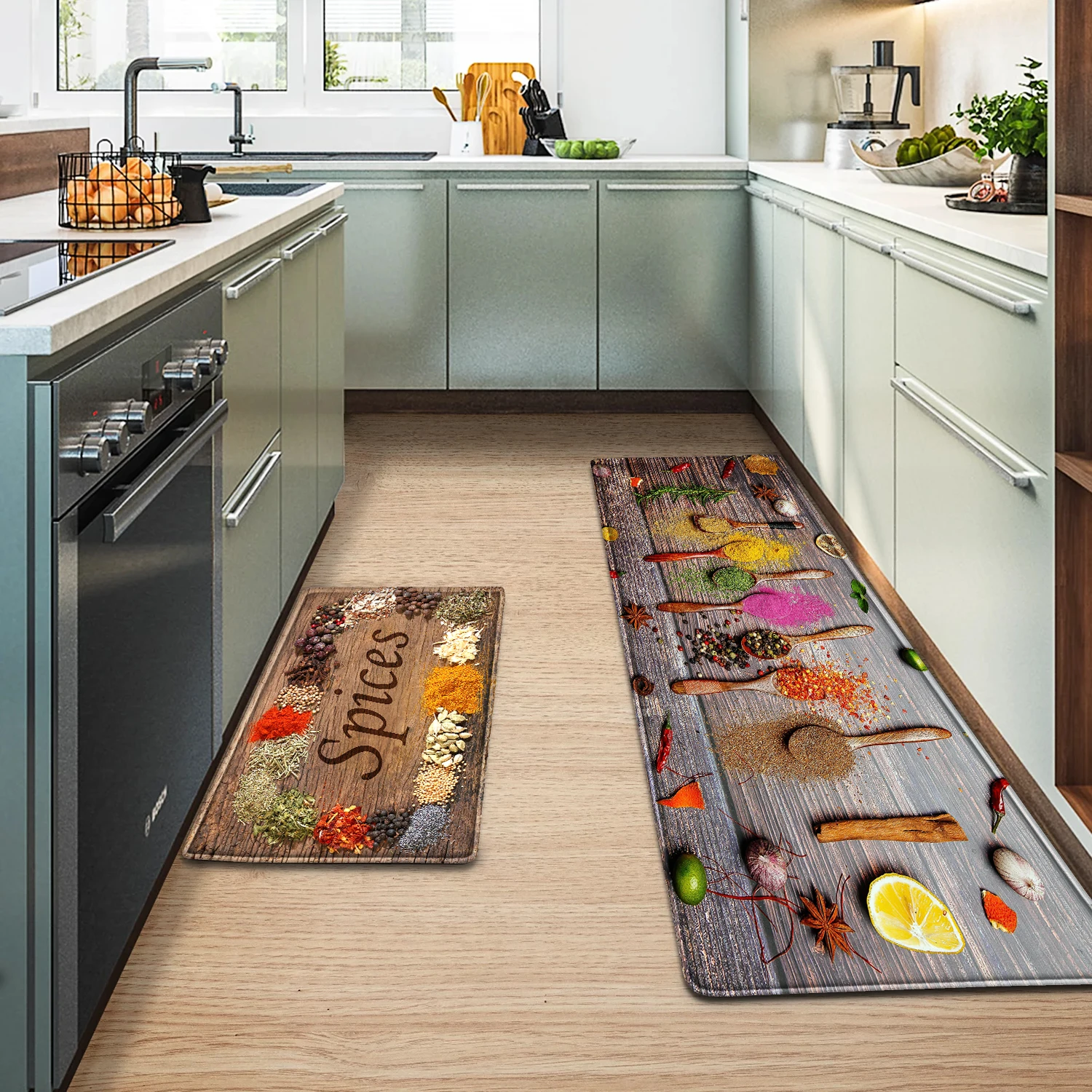 2 pieces/set gray brown wooden board seasoning printing kitchen floor mat living room decoration carpet home hallway hallway