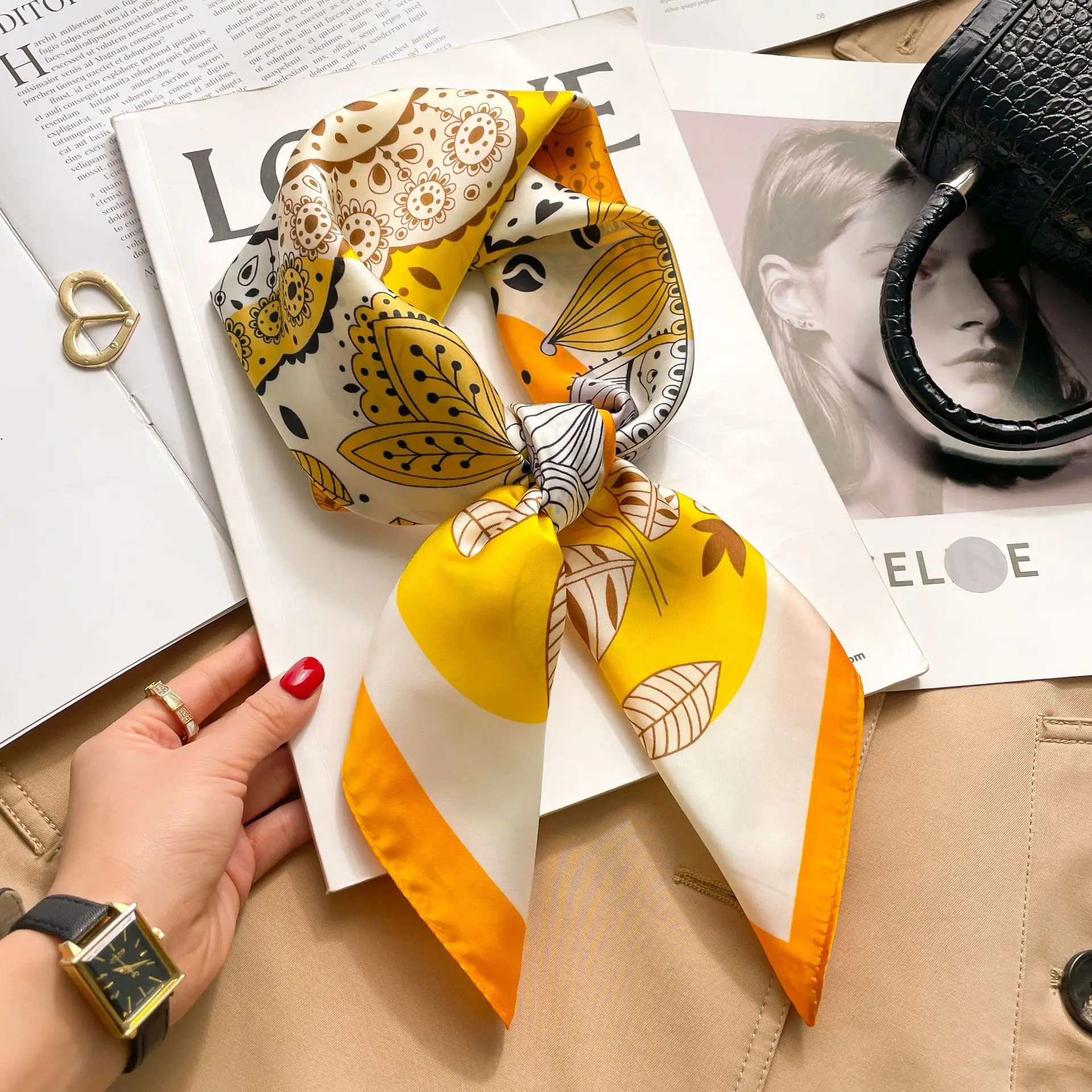 Silk Square Scarf Women Luxury Floral Print Kerchief Soft Satin Hairband Hands Bag Ribbon Foulard Hijab Neckerchief Headband - view 5