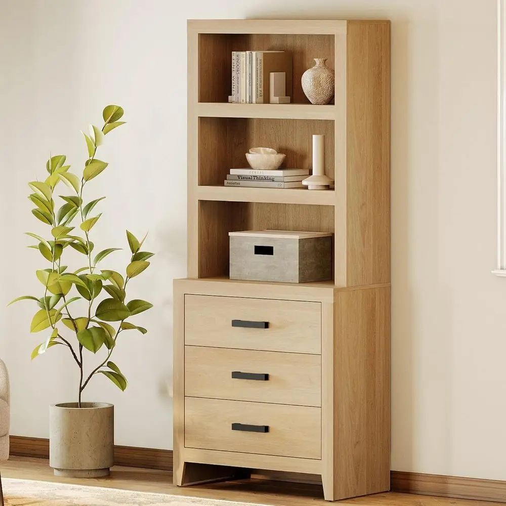 

3-Tier Tall Wood Bookshelf with Large Drawers, 74 High, Metal Handles, Oak Finish, Suitable for Living Room, Office