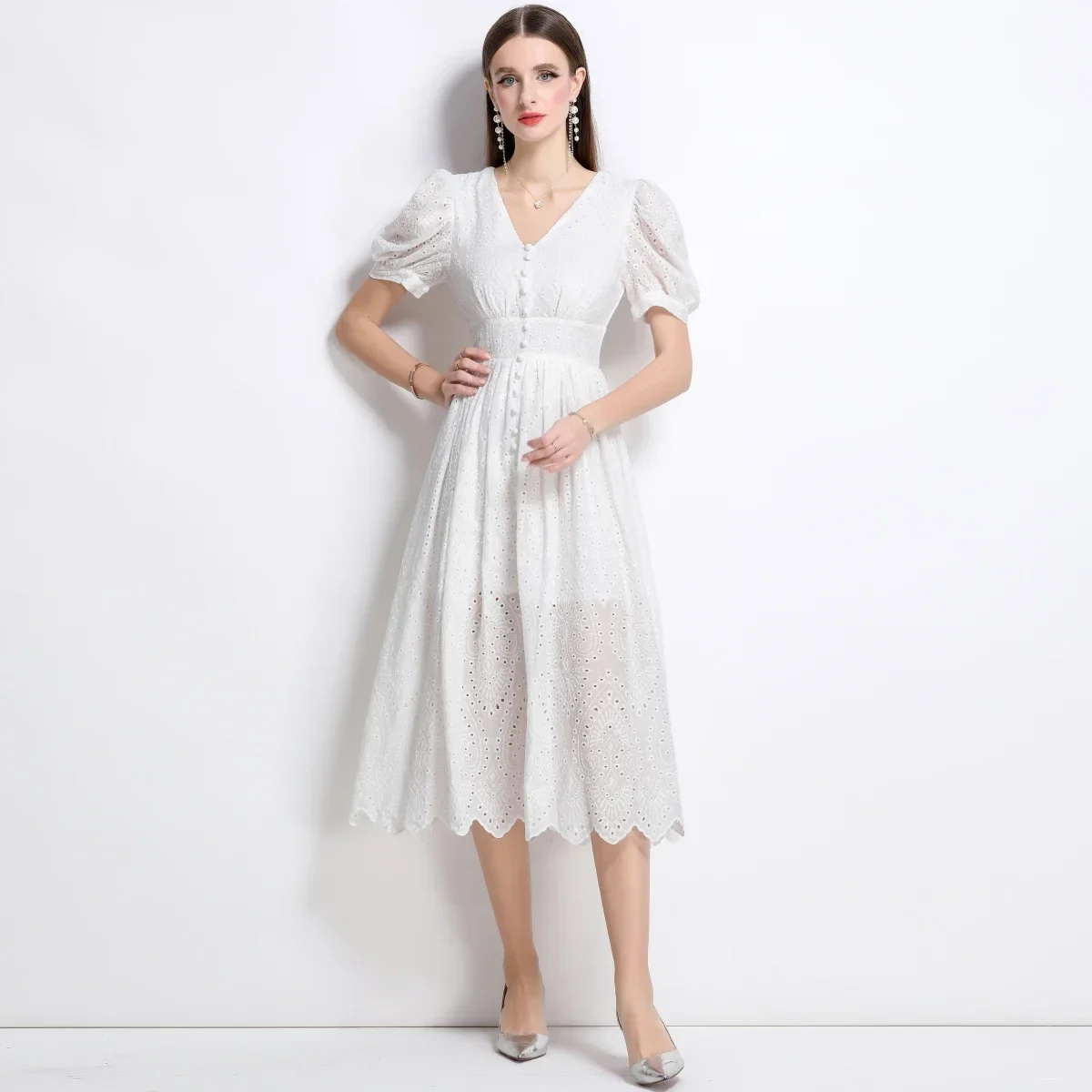 

Elegant Retro Summer Dress with Ruffles & Floral Embroidery, Hollow Out Cotton Midi Evening Dress for Women