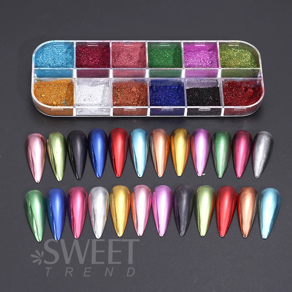 12 Grids Colorful Nail Mirror Powder Glitter Rose Gold Champange UV Gel Polish Chrome Dust Metallic Effect Pigment Decoration