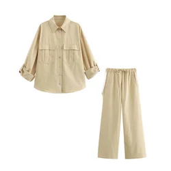 PB&ZA2024 Summer New Women's Fashion and Elegance Casual Loose Versatile Roll Sleeves Hanging Shirt Wide Leg Pants Set