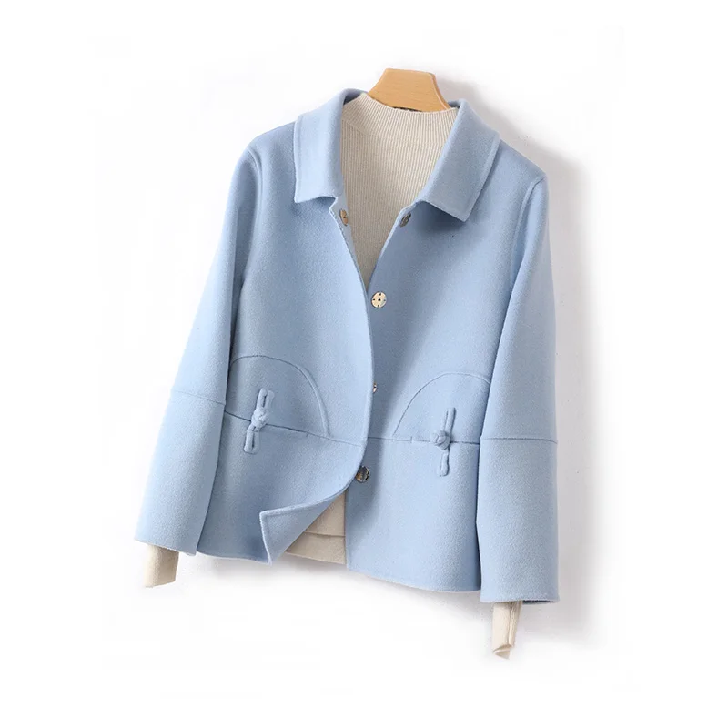 

New Polo Collar Short Plate Buckle Women's Coat Casual All-Matching 100% Pure Wool Coat Fashion Women's Wear Top