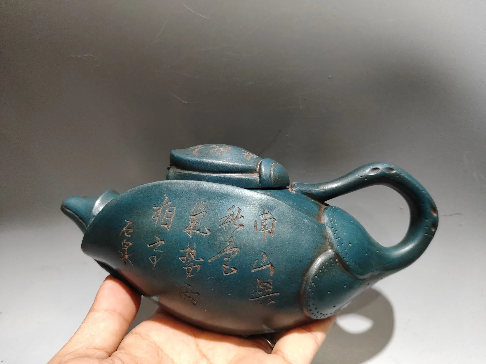 

8"Chinese Yixing Purple Clay Pot Poetry lotus Root shape Teapot Kettle Flagon Tea ceremony Amass wealth Ornaments